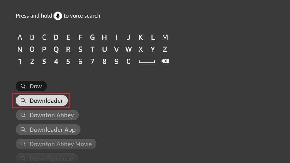 Fire TV search results with Downloader selected