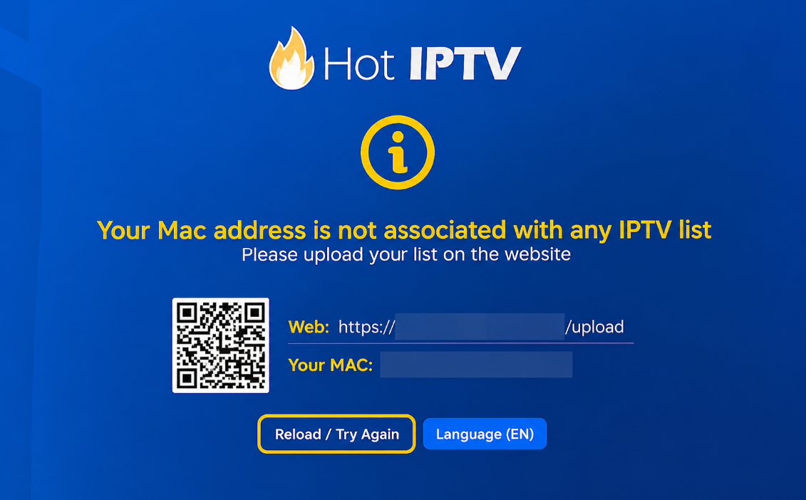 Hot IPTV welcome screen showing the MAC address location and Reload button