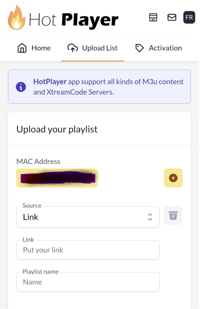 HotPlayer source selector with Link and playlist name fields