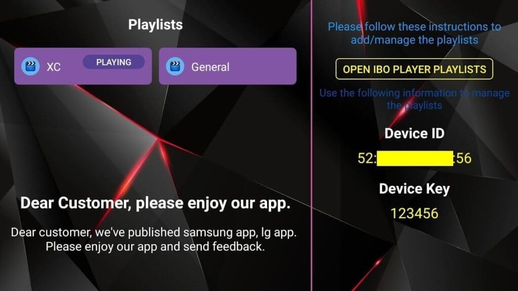 Example IBO TV playlist screen after installation