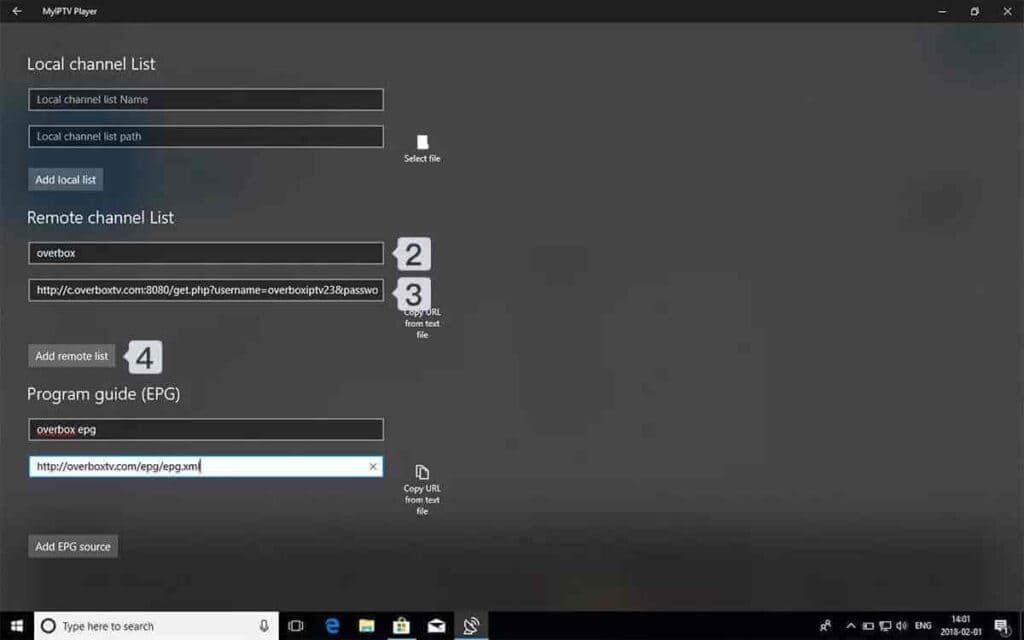 MyIPTV Player remote channel list and programme guide fields