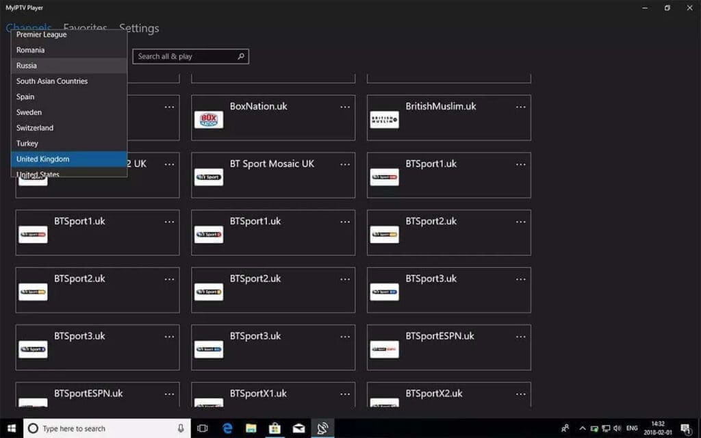 MyIPTV Player Channels tab showing groups and channel tiles
