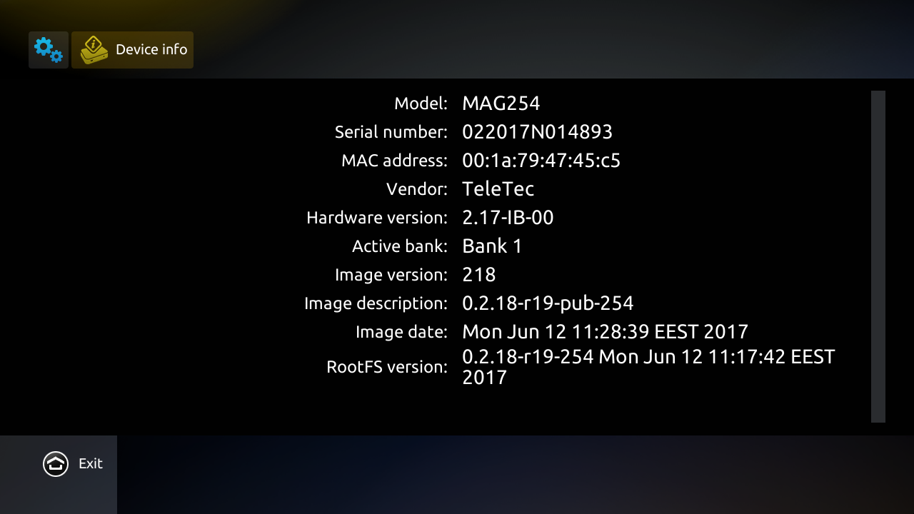 MAG Device info screen showing model and MAC address